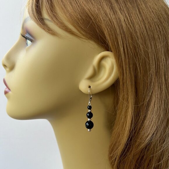 Black Onyx Earrings Sterling Silver Leverbacks for Women Handmade in USA - Picture 3 of 4